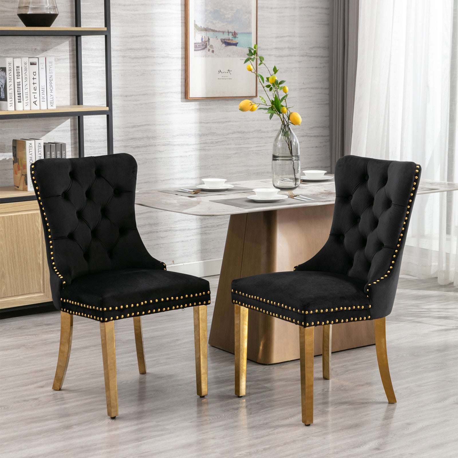 A&A Furniture,Nikki Collection Modern, High-end Tufted Solid Wood Contemporary Velvet Upholstered Dining Chair with Golden Stainless Steel Plating Legs,Nailhead Trim,Set of 2，Black and Gold, SW1601BK image 1