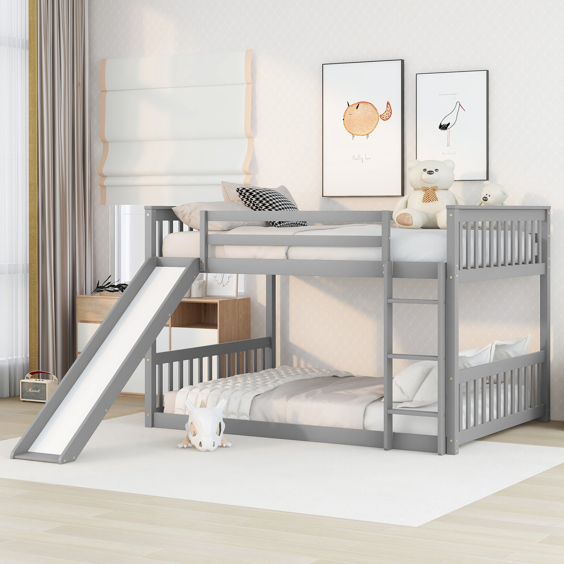 Full over Full Bunk Bed with Slide and Ladder in Grey Color image 1