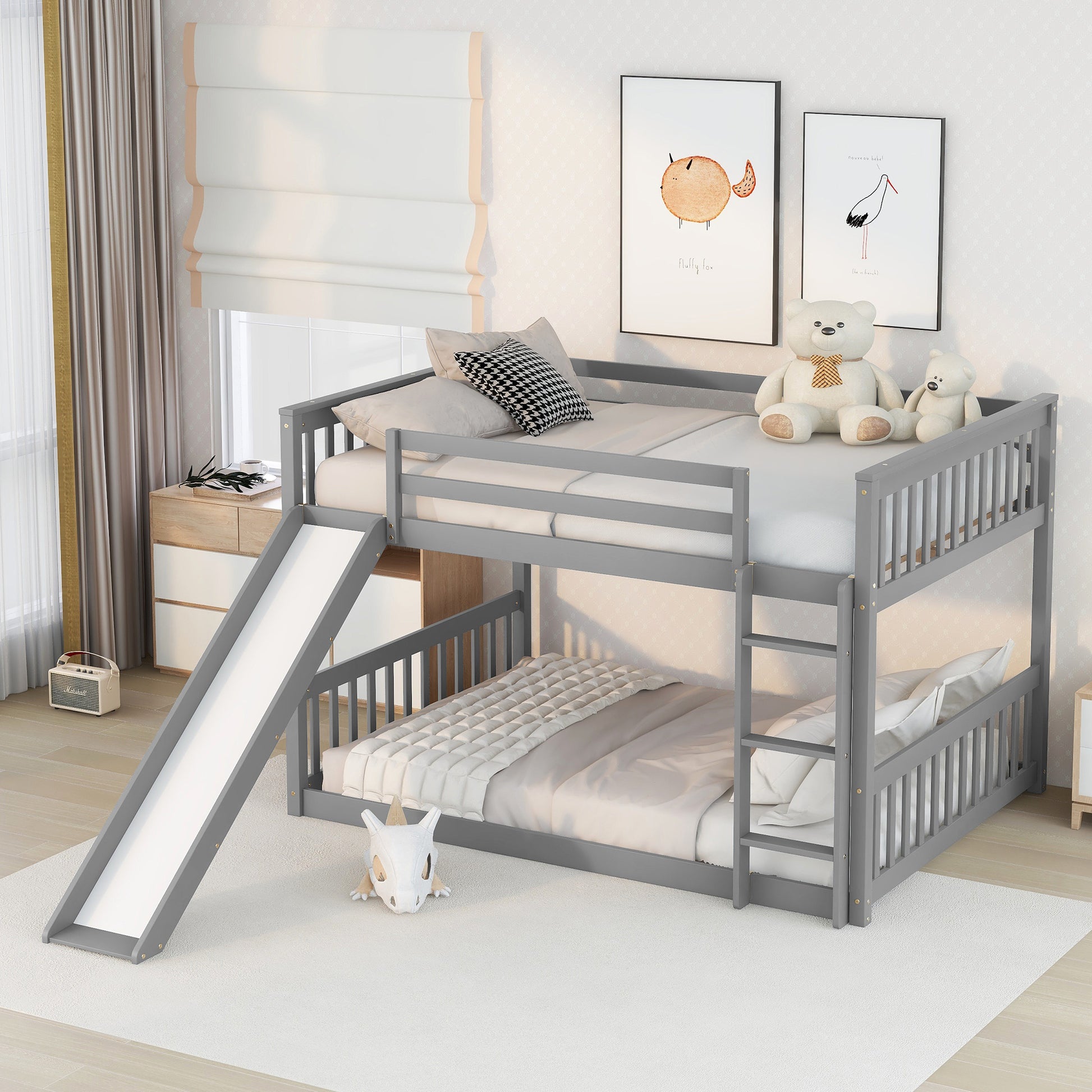 Full over Full Bunk Bed with Slide and Ladder in Grey Color image 3