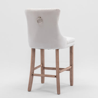 Contemporary Velvet Upholstered Barstools with Button Tufted Decoration and Wooden Legs, and Chrome Nailhead Trim, Leisure Style Bar Chairs,Bar stools, Set of 2 (Beige),SW2002BG image 5