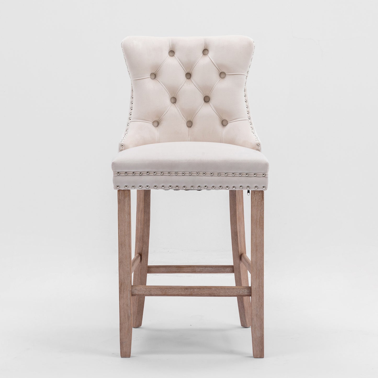 Contemporary Velvet Upholstered Barstools with Button Tufted Decoration and Wooden Legs, and Chrome Nailhead Trim, Leisure Style Bar Chairs,Bar stools, Set of 2 (Beige),SW2002BG image 2