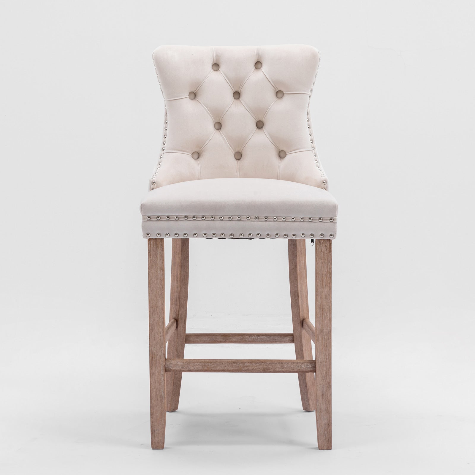 Contemporary Velvet Upholstered Barstools with Button Tufted Decoration and Wooden Legs, and Chrome Nailhead Trim, Leisure Style Bar Chairs,Bar stools, Set of 2 (Beige),SW2002BG image 2