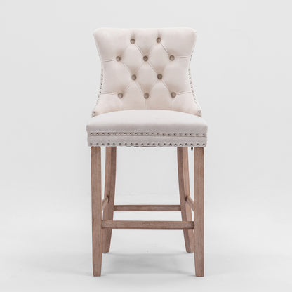 Contemporary Velvet Upholstered Barstools with Button Tufted Decoration and Wooden Legs, and Chrome Nailhead Trim, Leisure Style Bar Chairs,Bar stools, Set of 2 (Beige),SW2002BG image 2