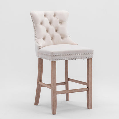 Contemporary Velvet Upholstered Barstools with Button Tufted Decoration and Wooden Legs, and Chrome Nailhead Trim, Leisure Style Bar Chairs,Bar stools, Set of 2 (Beige),SW2002BG image 3
