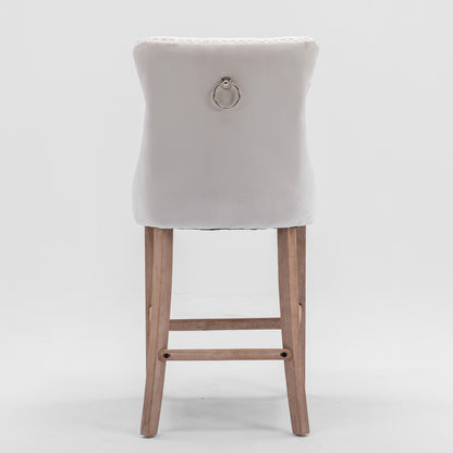 Contemporary Velvet Upholstered Barstools with Button Tufted Decoration and Wooden Legs, and Chrome Nailhead Trim, Leisure Style Bar Chairs,Bar stools, Set of 2 (Beige),SW2002BG image 6