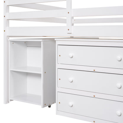 Low Study Full Loft Bed with Cabinet,Shelves and Rolling Portable Desk,Multiple Functions Bed- White(OLD SKU:LT000313AAK) image 10