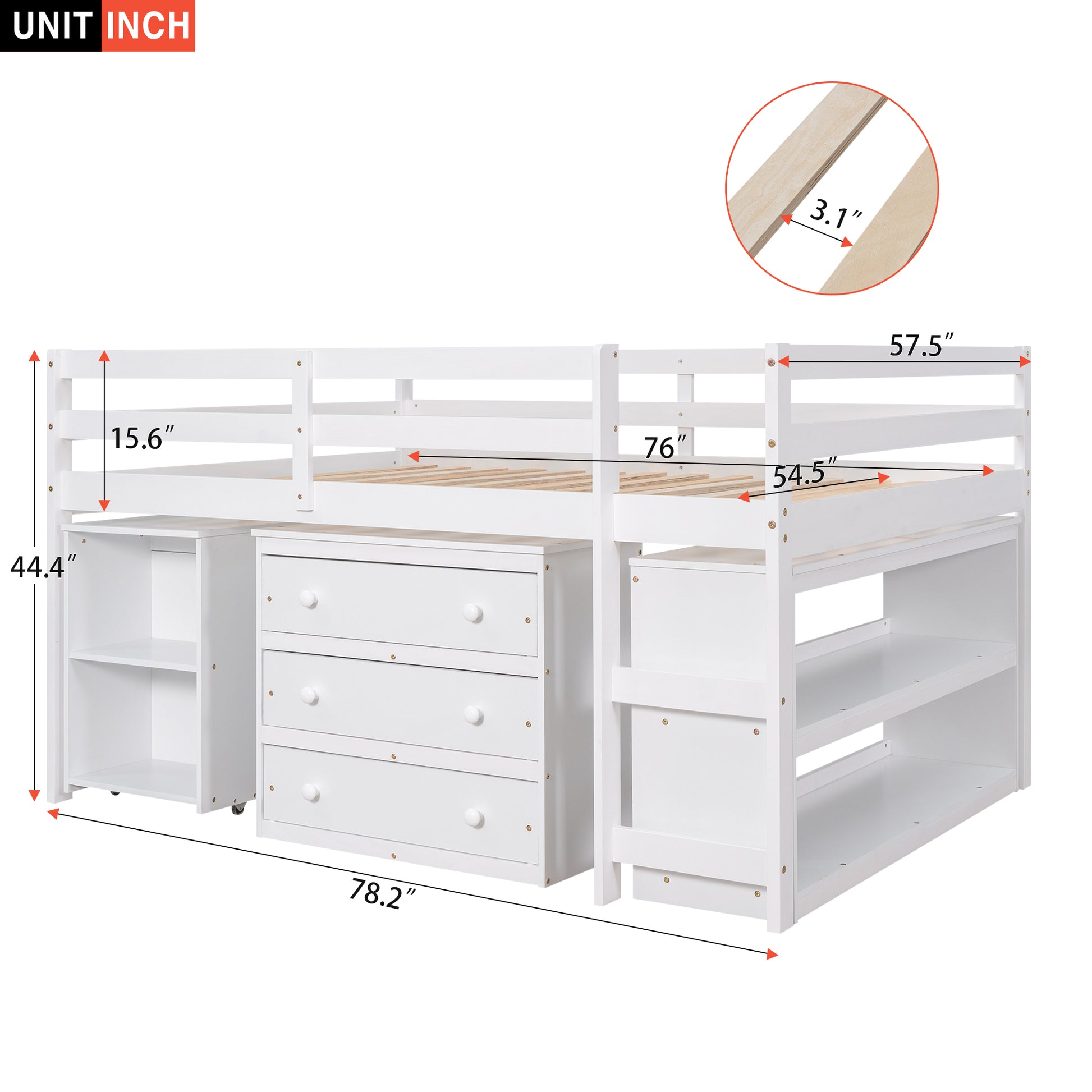 Low Study Full Loft Bed with Cabinet,Shelves and Rolling Portable Desk,Multiple Functions Bed- White(OLD SKU:LT000313AAK) image 8