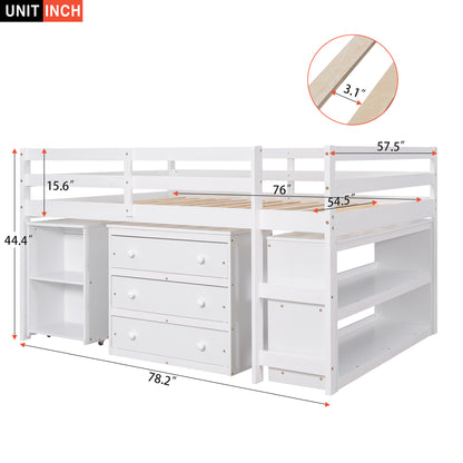 Low Study Full Loft Bed with Cabinet,Shelves and Rolling Portable Desk,Multiple Functions Bed- White(OLD SKU:LT000313AAK) image 8