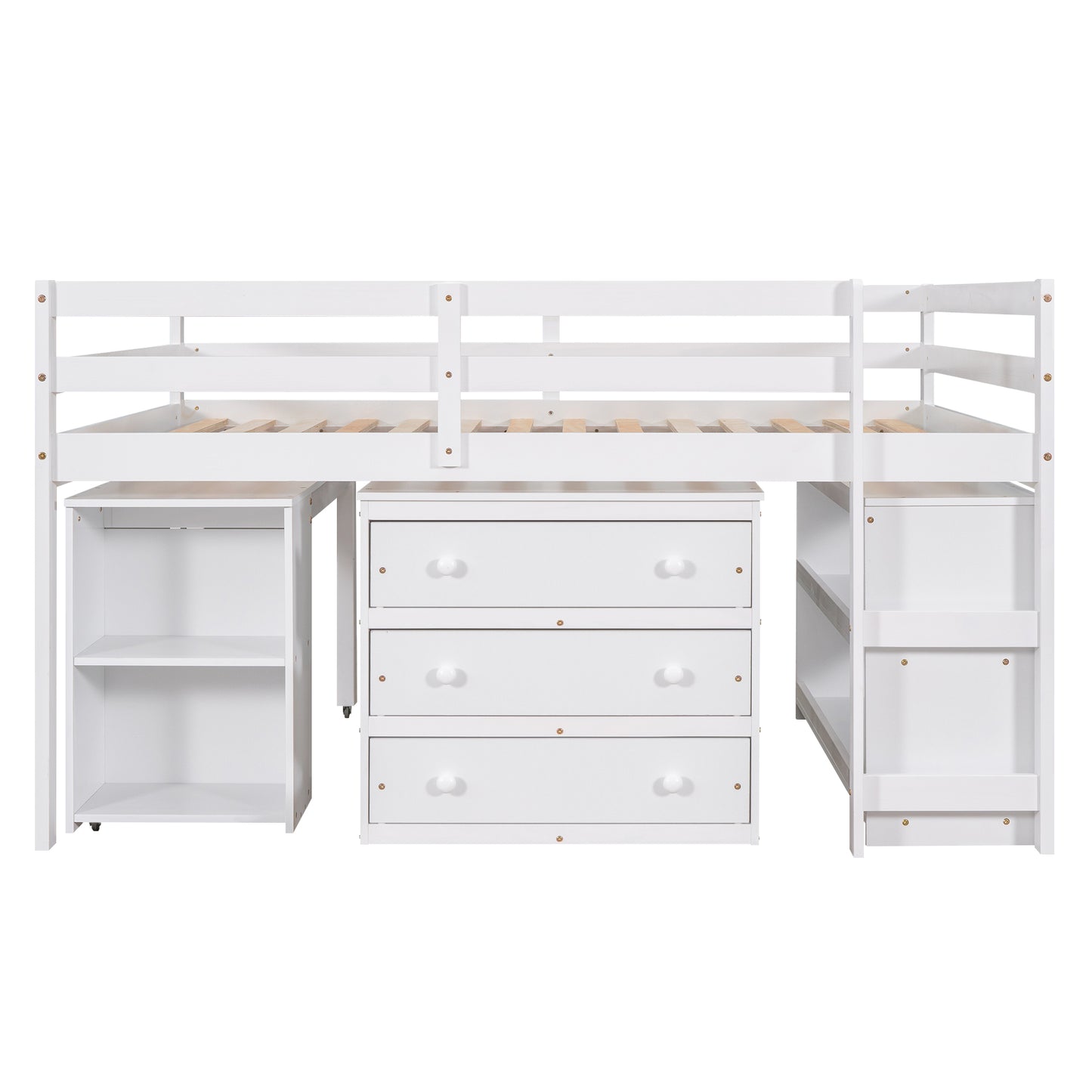 Low Study Full Loft Bed with Cabinet,Shelves and Rolling Portable Desk,Multiple Functions Bed- White(OLD SKU:LT000313AAK) image 5