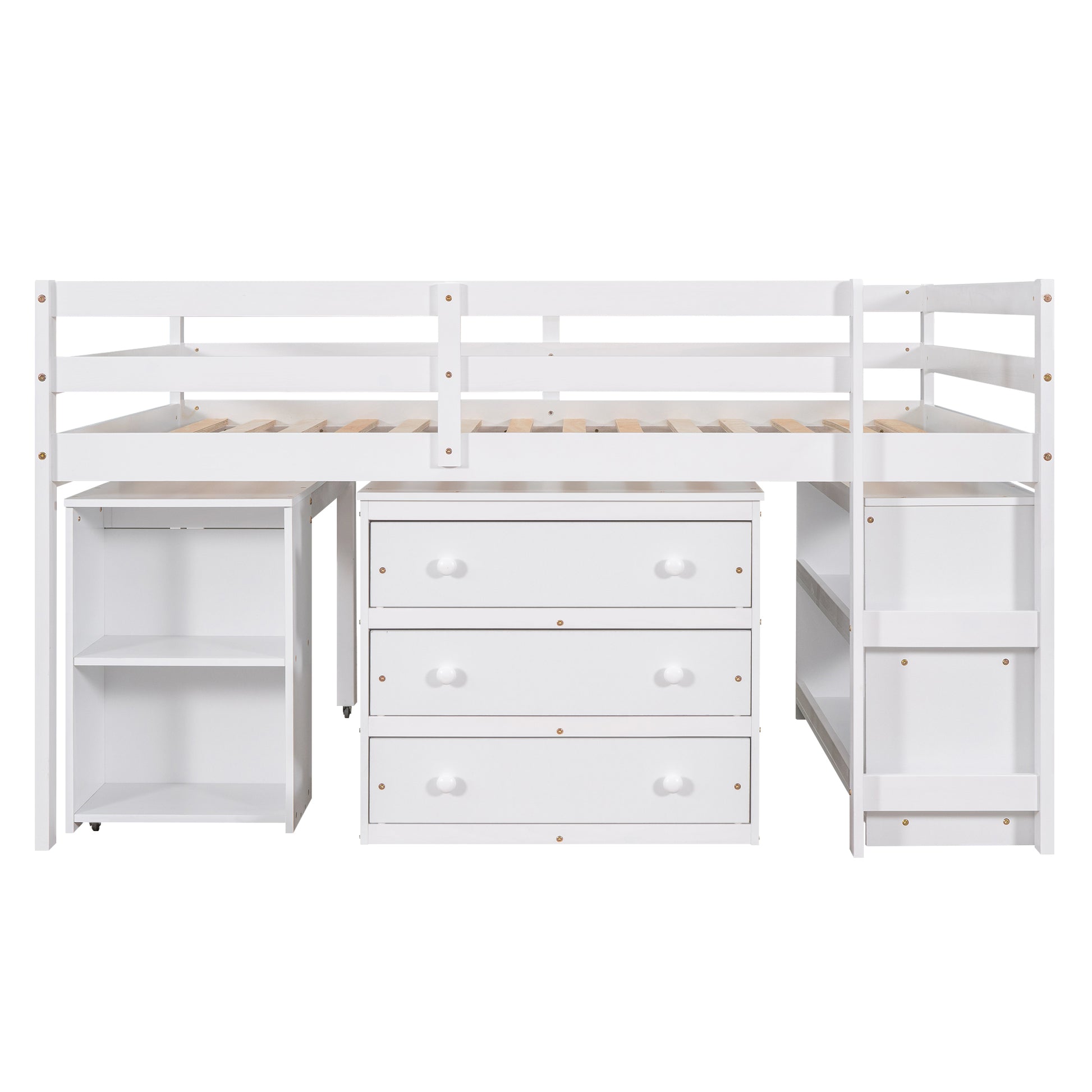 Low Study Full Loft Bed with Cabinet,Shelves and Rolling Portable Desk,Multiple Functions Bed- White(OLD SKU:LT000313AAK) image 5
