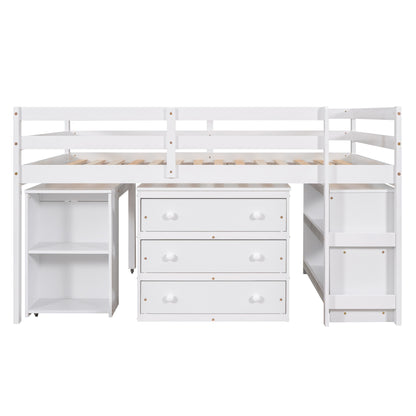 Low Study Full Loft Bed with Cabinet,Shelves and Rolling Portable Desk,Multiple Functions Bed- White(OLD SKU:LT000313AAK) image 5