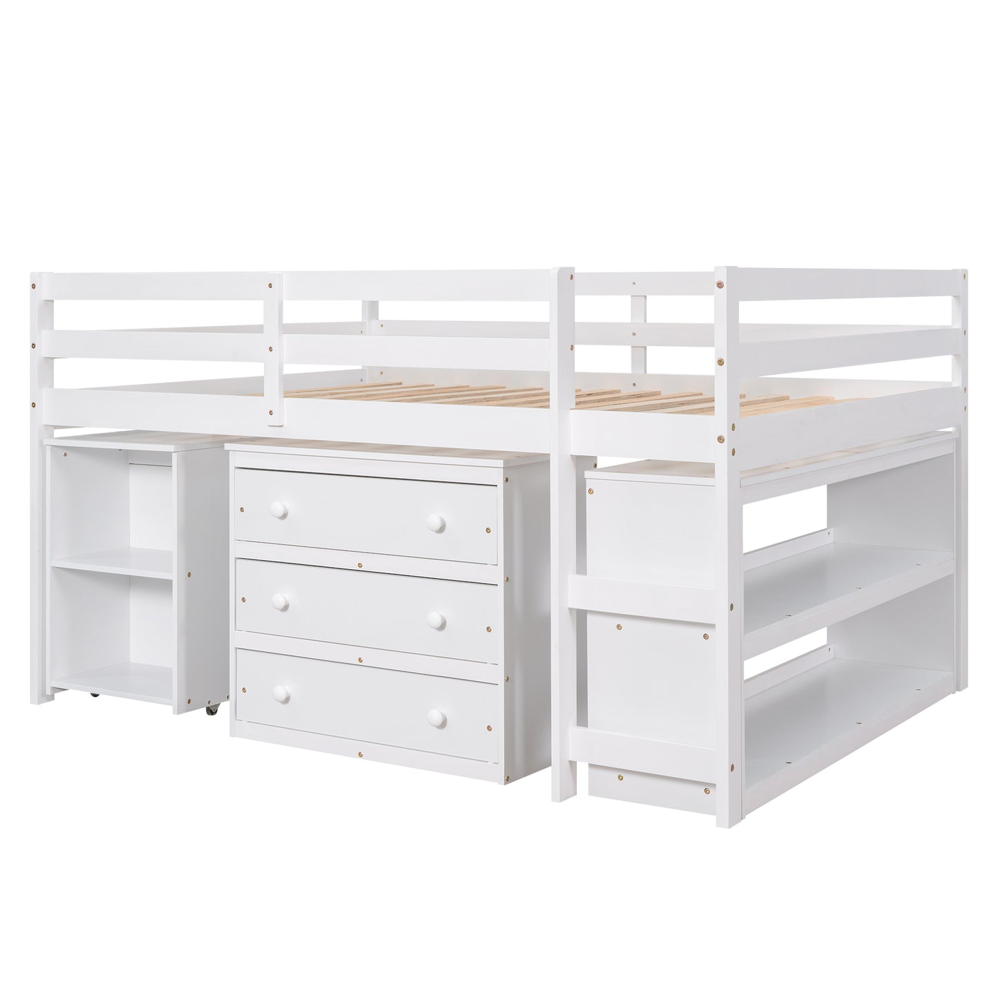 Low Study Full Loft Bed with Cabinet,Shelves and Rolling Portable Desk,Multiple Functions Bed- White(OLD SKU:LT000313AAK) image 4