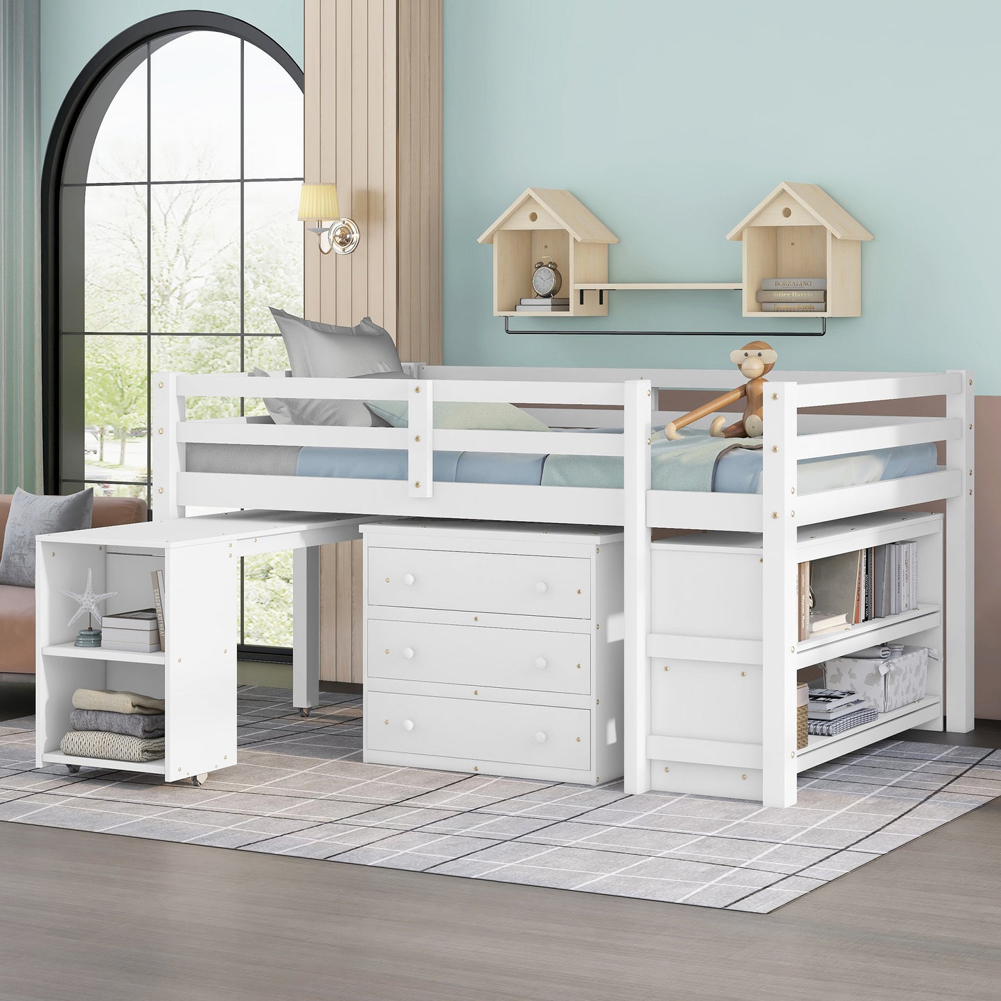 Low Study Full Loft Bed with Cabinet,Shelves and Rolling Portable Desk,Multiple Functions Bed- White(OLD SKU:LT000313AAK) image 1