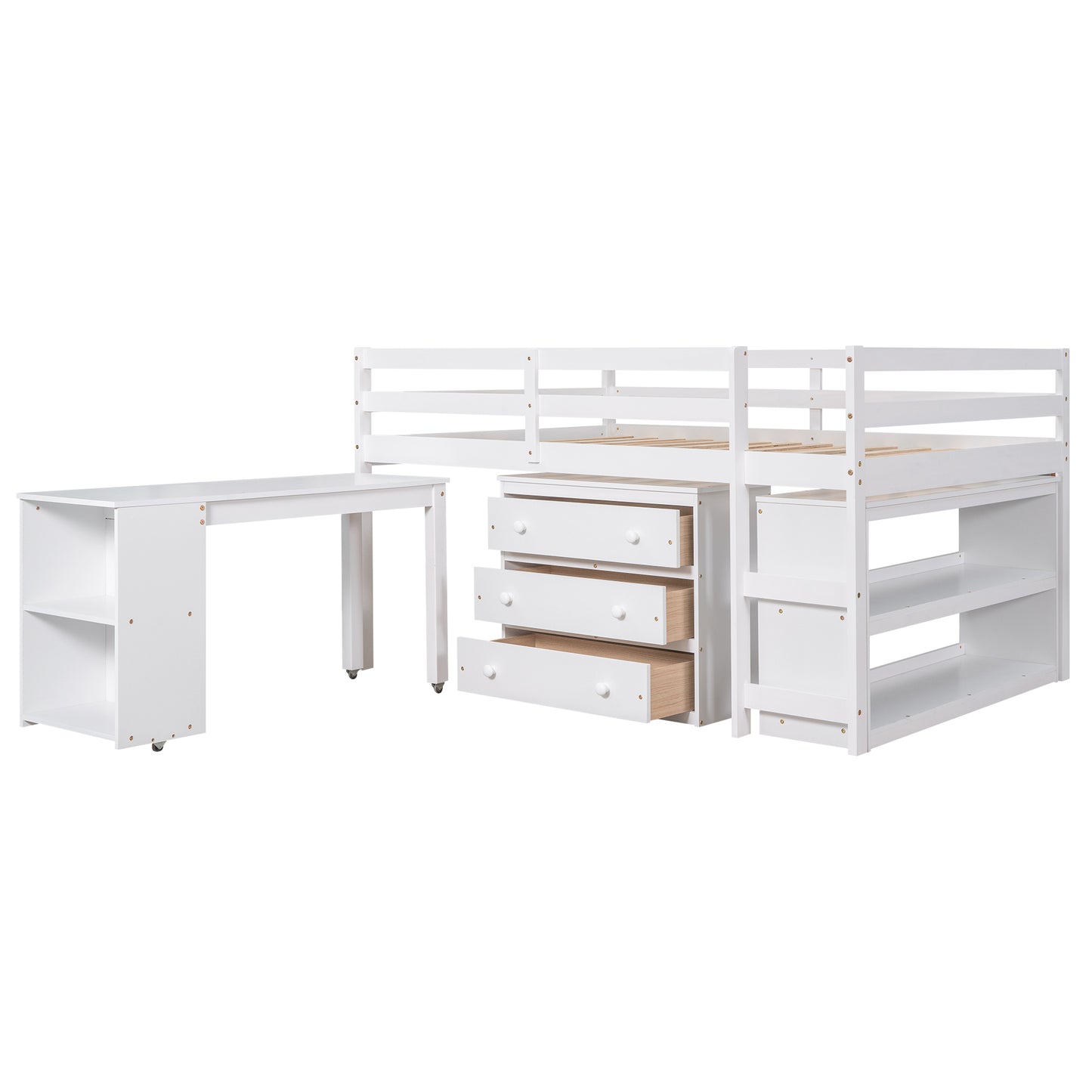 Low Study Full Loft Bed with Cabinet,Shelves and Rolling Portable Desk,Multiple Functions Bed- White(OLD SKU:LT000313AAK) image 3