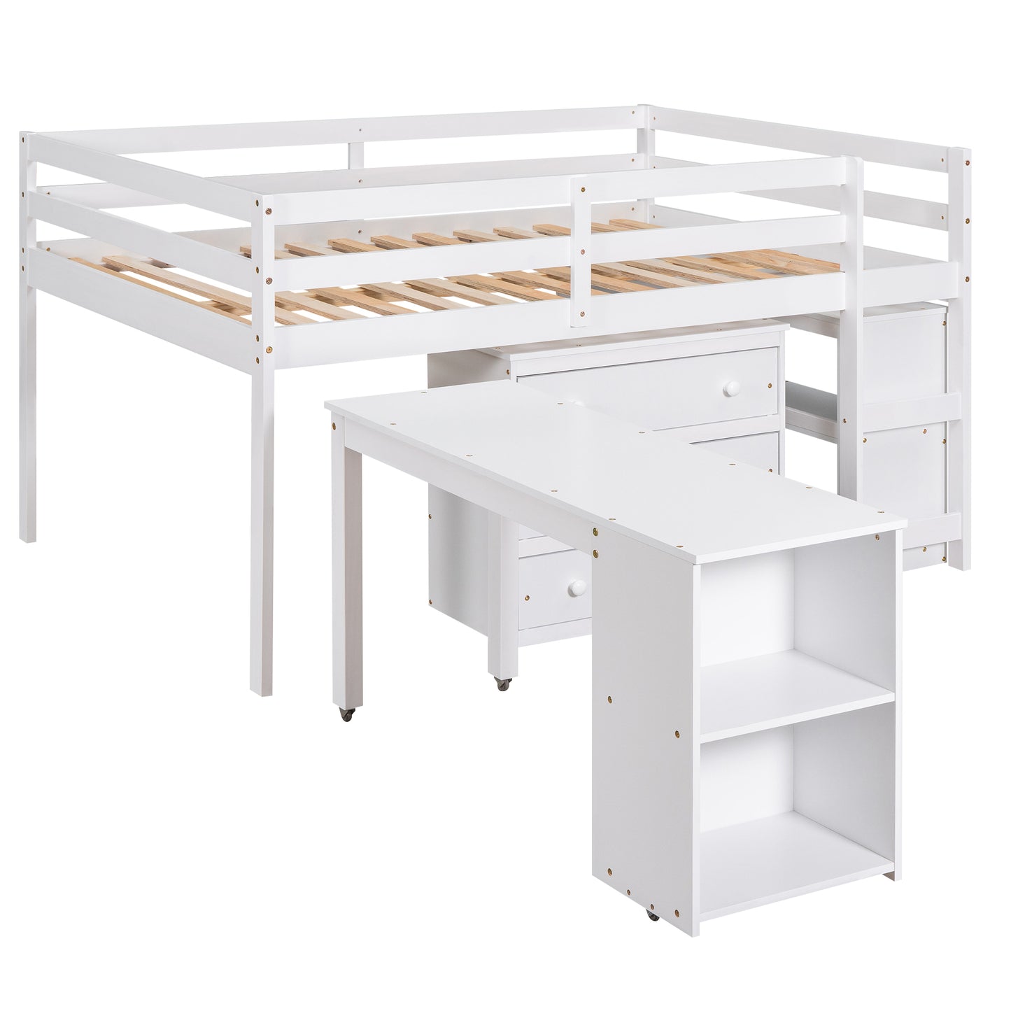 Low Study Full Loft Bed with Cabinet,Shelves and Rolling Portable Desk,Multiple Functions Bed- White(OLD SKU:LT000313AAK) image 11