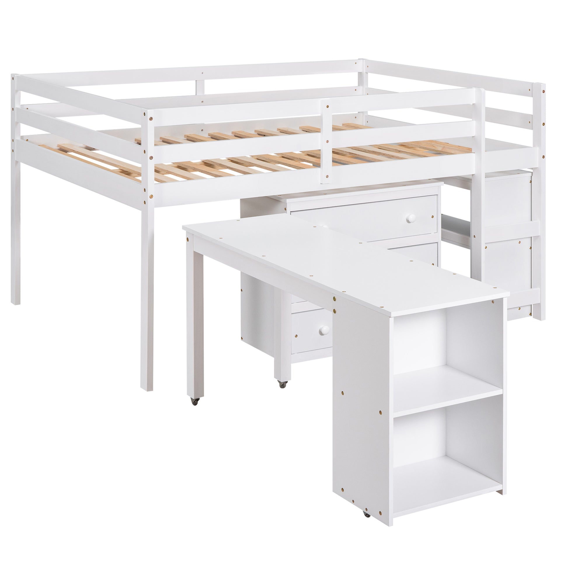 Low Study Full Loft Bed with Cabinet,Shelves and Rolling Portable Desk,Multiple Functions Bed- White(OLD SKU:LT000313AAK) image 11