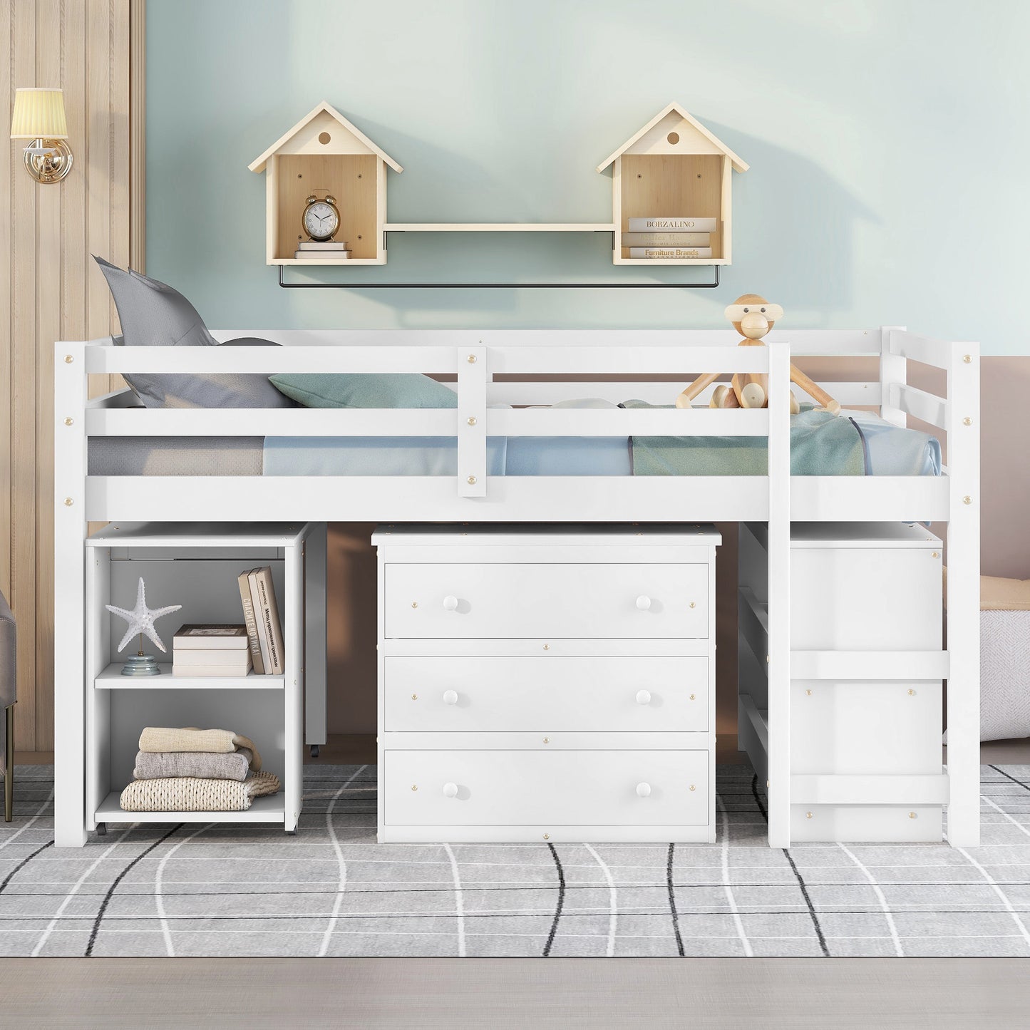 Low Study Full Loft Bed with Cabinet,Shelves and Rolling Portable Desk,Multiple Functions Bed- White(OLD SKU:LT000313AAK) image 2