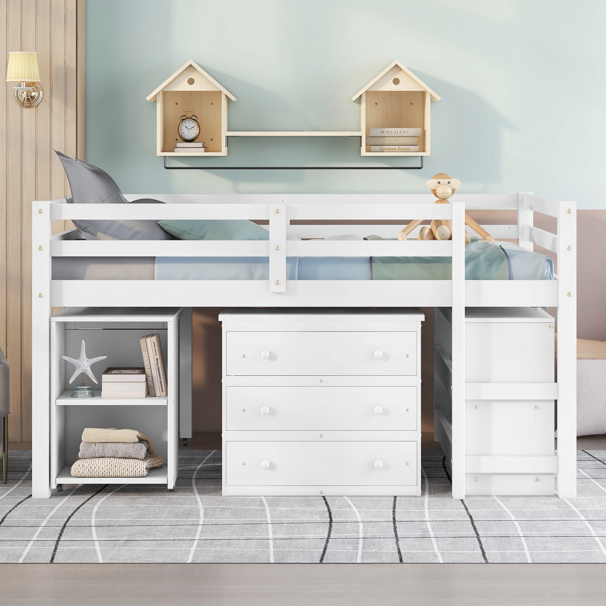 Low Study Full Loft Bed with Cabinet,Shelves and Rolling Portable Desk,Multiple Functions Bed- White(OLD SKU:LT000313AAK) image 2