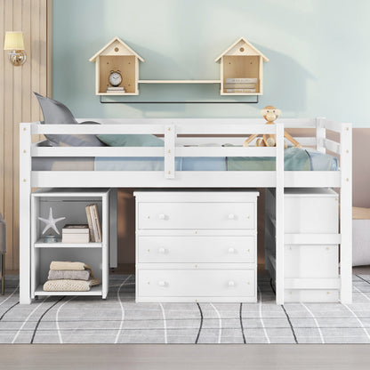 Low Study Full Loft Bed with Cabinet,Shelves and Rolling Portable Desk,Multiple Functions Bed- White(OLD SKU:LT000313AAK) image 2