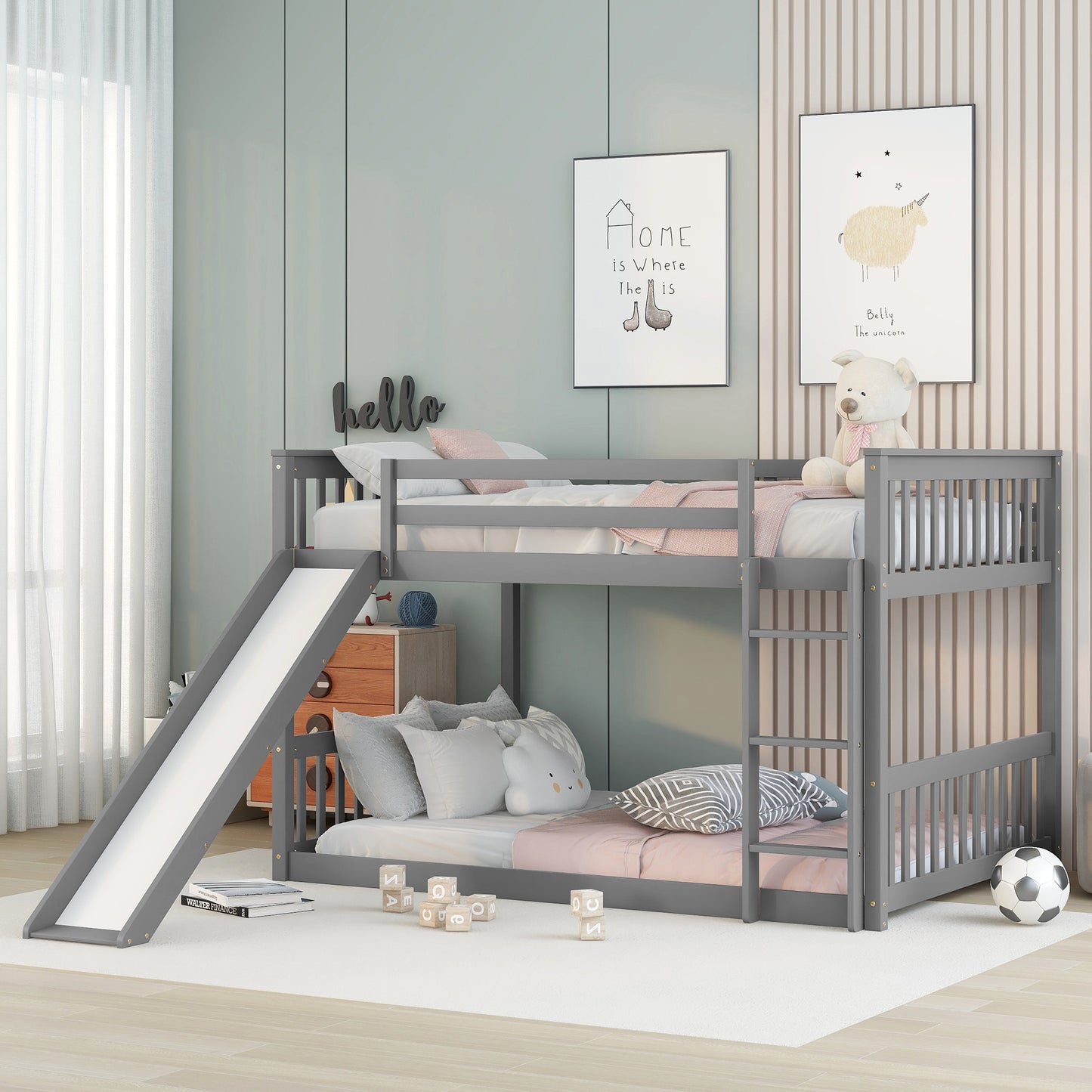 Full over Full Bunk Bed with Slide and Ladder in Grey Color image 4