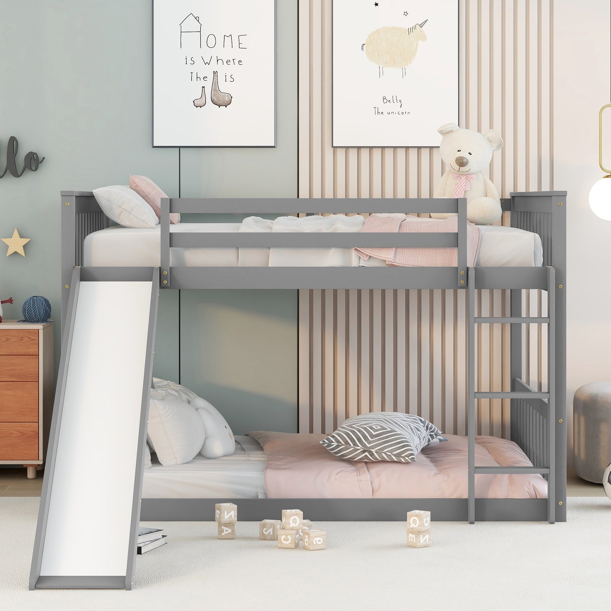 Full over Full Bunk Bed with Slide and Ladder in Grey Color image 5