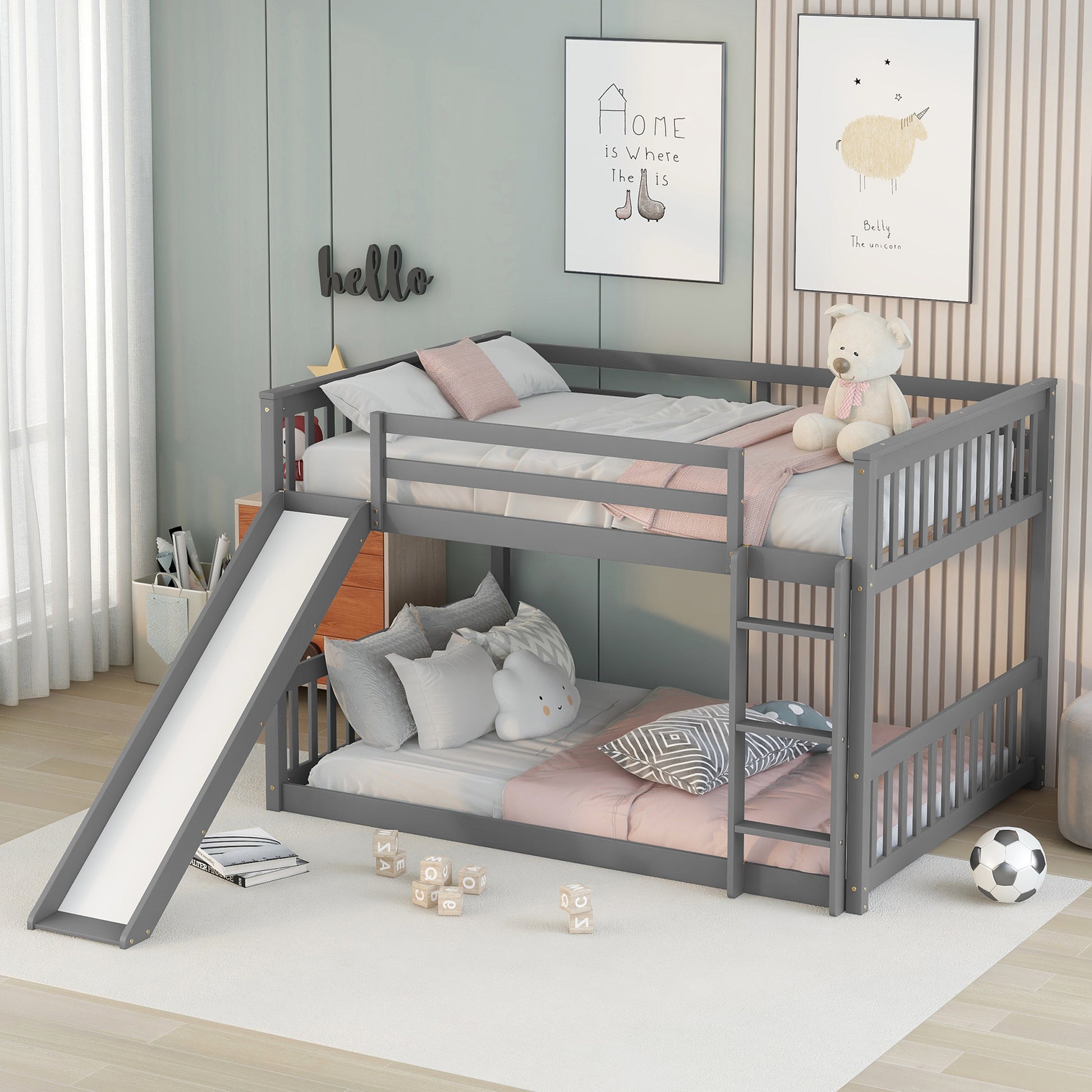 Full over Full Bunk Bed with Slide and Ladder in Grey Color image 6