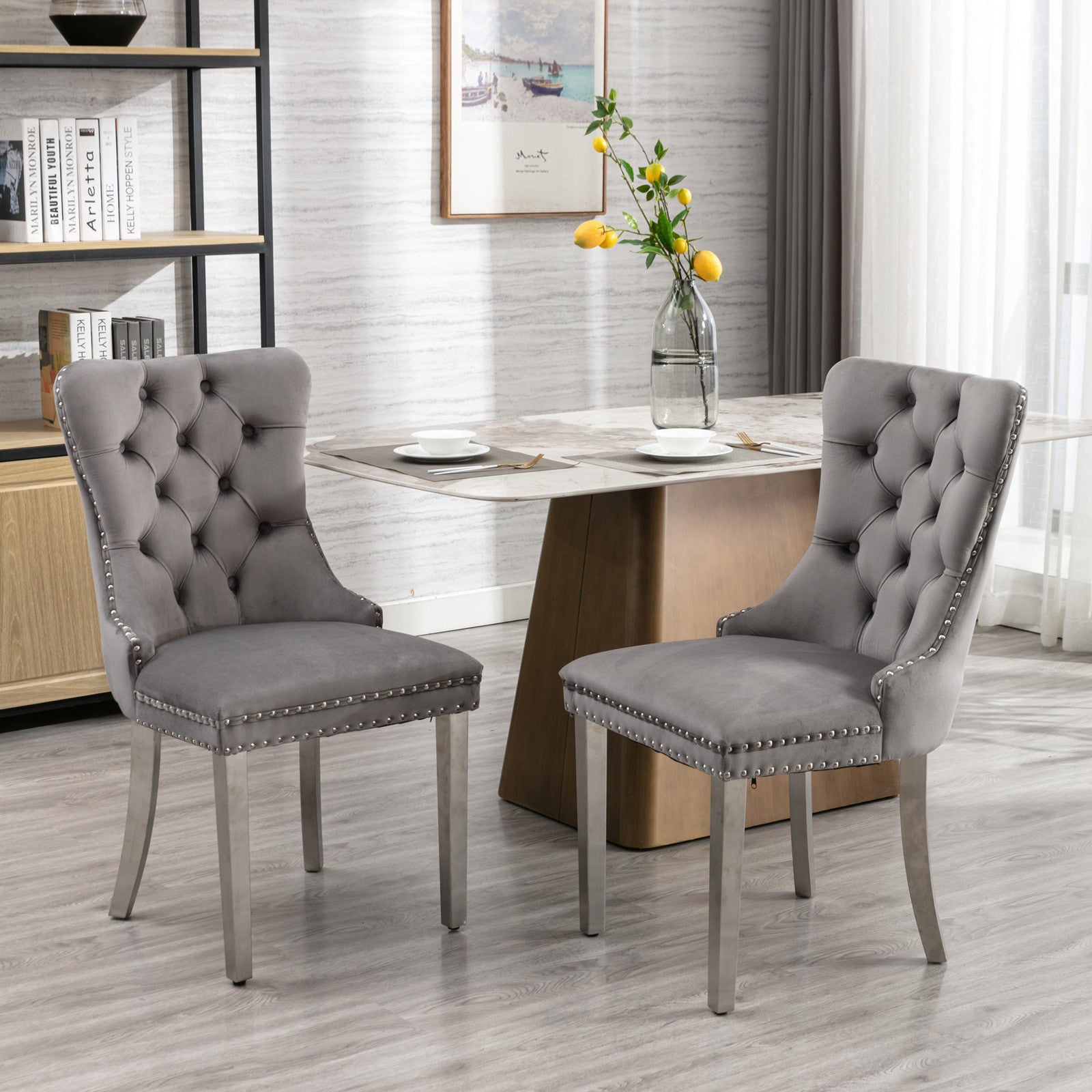 A&A Furniture,Nikki Collection Modern, High-end Tufted Solid Wood Contemporary Velvet Upholstered Dining Chair with Chrome Stainless Steel Plating Legs,Nailhead Trim,Set of 2,Gray and Chrome, SW1701GY image 1