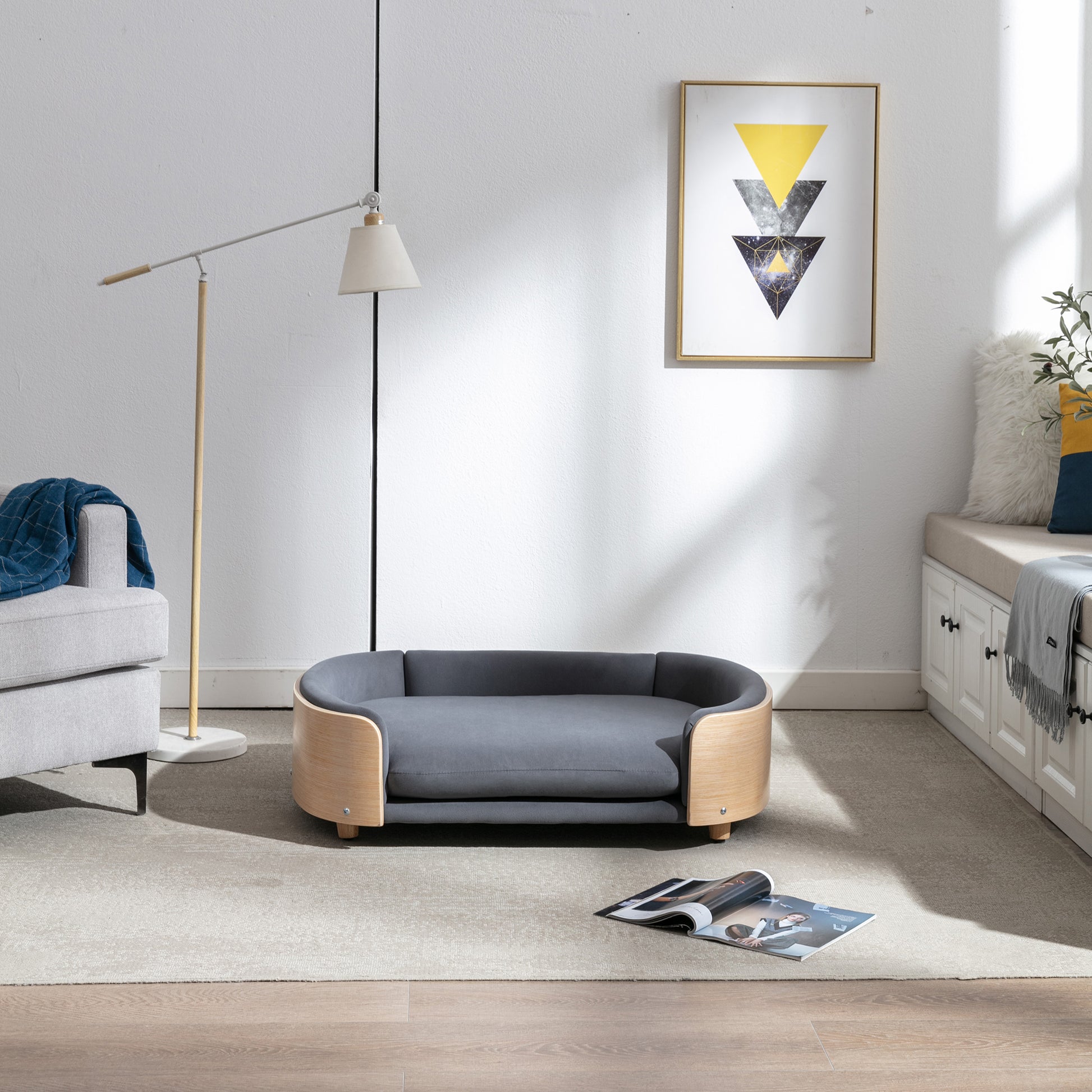 Scandinavian style Elevated Dog Bed Pet Sofa With Solid Wood legs and Bent Wood Back, Velvet Cushion,Large Size image 6
