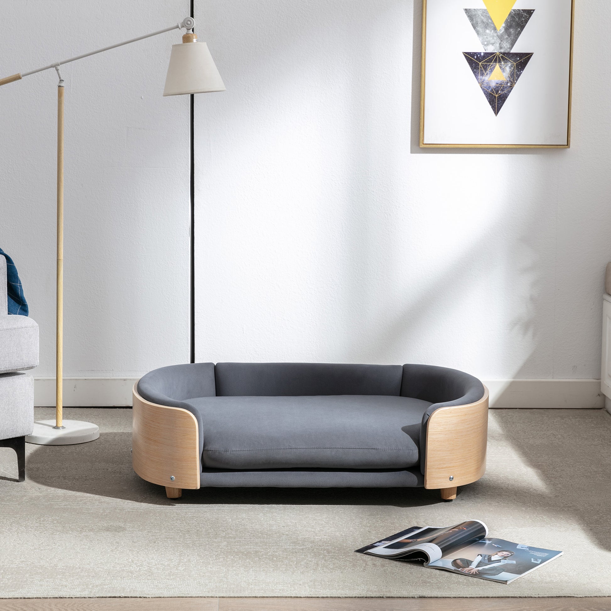 Scandinavian style Elevated Dog Bed Pet Sofa With Solid Wood legs and Bent Wood Back, Velvet Cushion,Large Size image 5