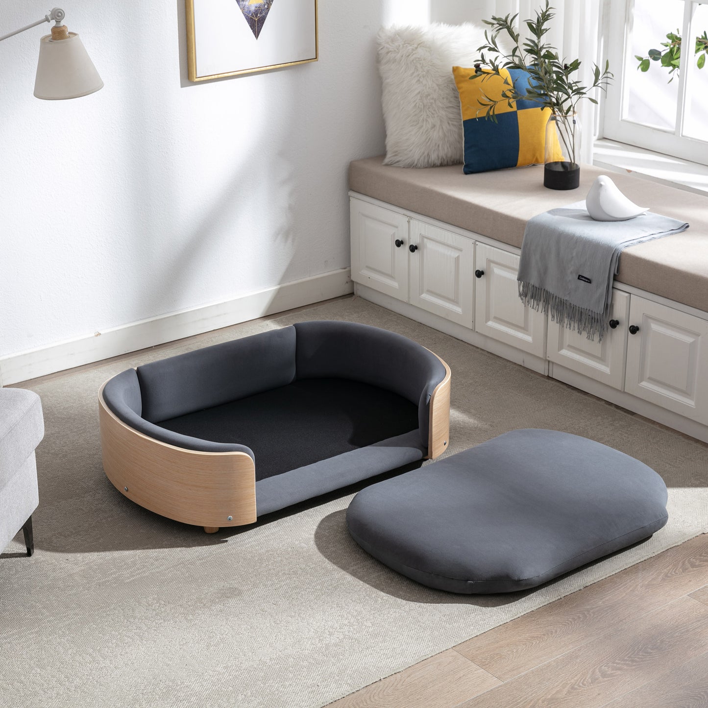 Scandinavian style Elevated Dog Bed Pet Sofa With Solid Wood legs and Bent Wood Back, Velvet Cushion,Large Size image 9