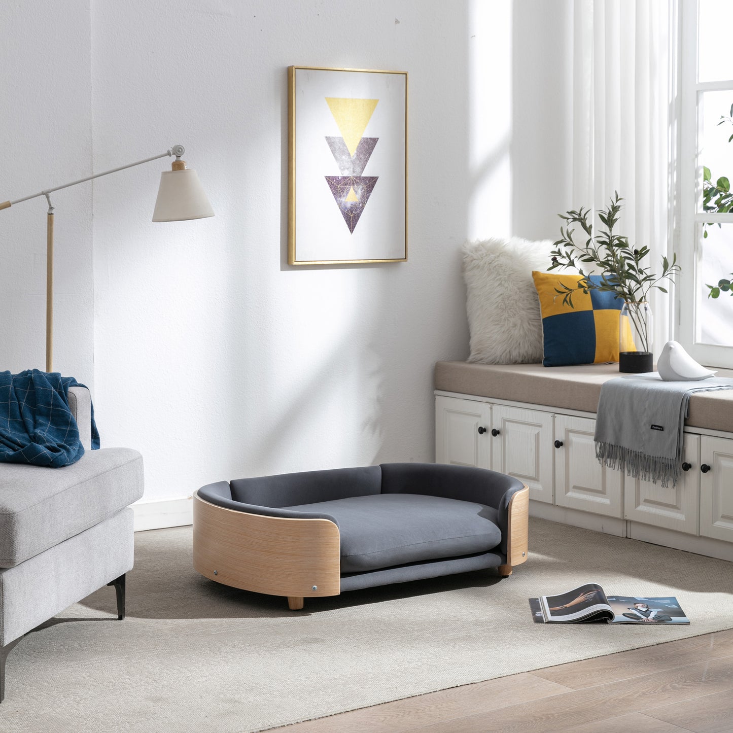 Scandinavian style Elevated Dog Bed Pet Sofa With Solid Wood legs and Bent Wood Back, Velvet Cushion,Large Size image 10