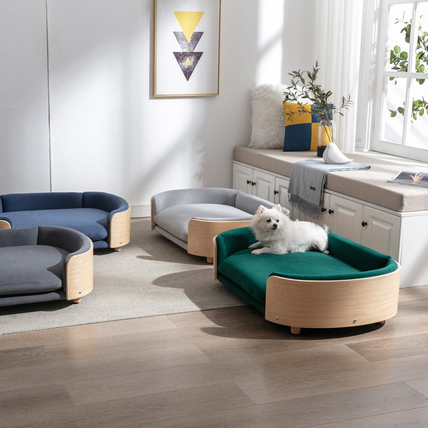 Scandinavian style Elevated Dog Bed Pet Sofa With Solid Wood legs and Bent Wood Back, Velvet Cushion,Large Size image 11