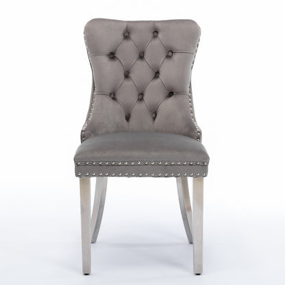 A&A Furniture,Nikki Collection Modern, High-end Tufted Solid Wood Contemporary Velvet Upholstered Dining Chair with Chrome Stainless Steel Plating Legs,Nailhead Trim,Set of 2,Gray and Chrome, SW1701GY image 2