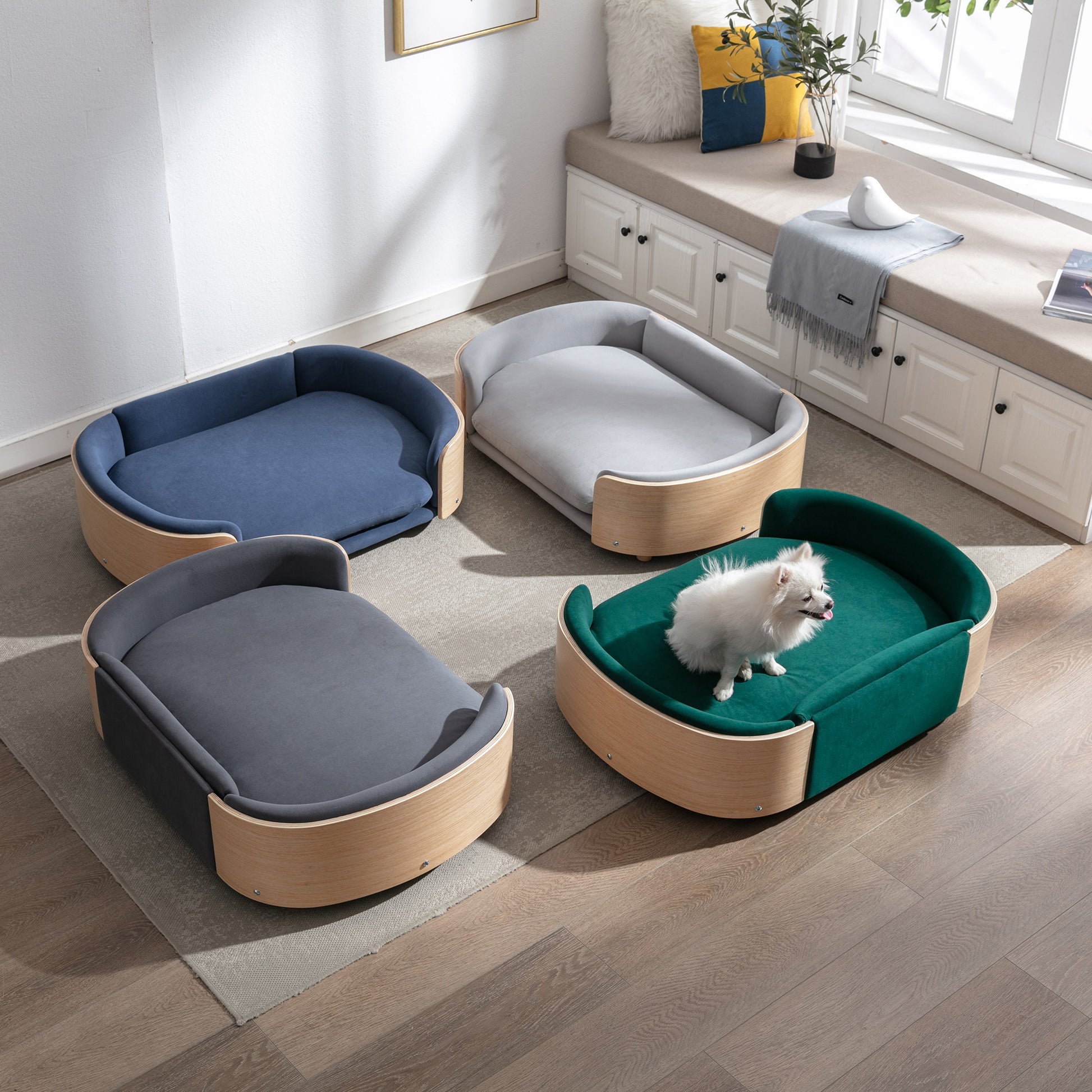 Scandinavian style Elevated Dog Bed Pet Sofa With Solid Wood legs and Bent Wood Back, Velvet Cushion,Large Size image 12
