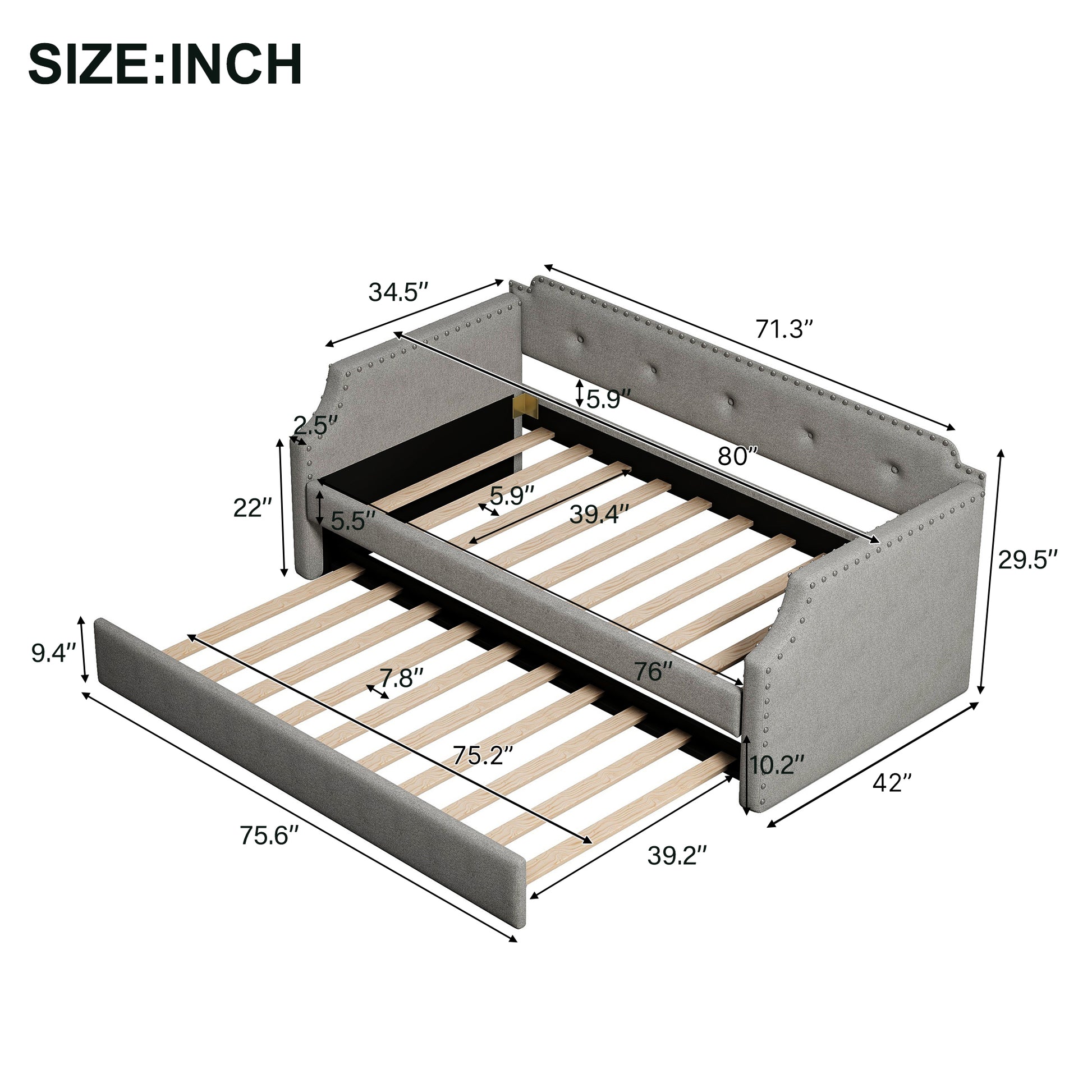 Upholstered Daybed with Trundle, Wood Slat Support,Upholstered Frame Sofa Bed, Twin,Gray image 5