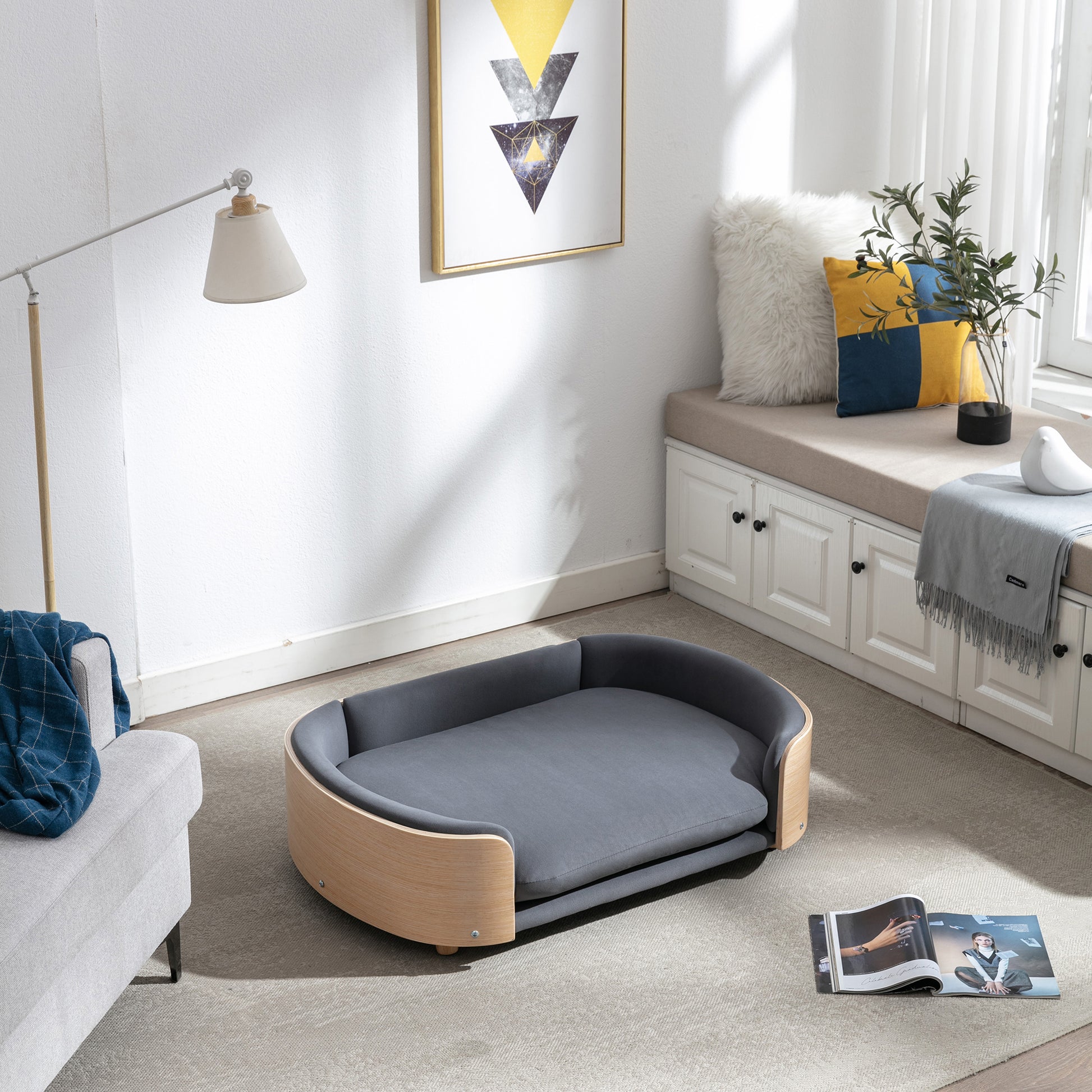Scandinavian style Elevated Dog Bed Pet Sofa With Solid Wood legs and Bent Wood Back, Velvet Cushion,Large Size image 2