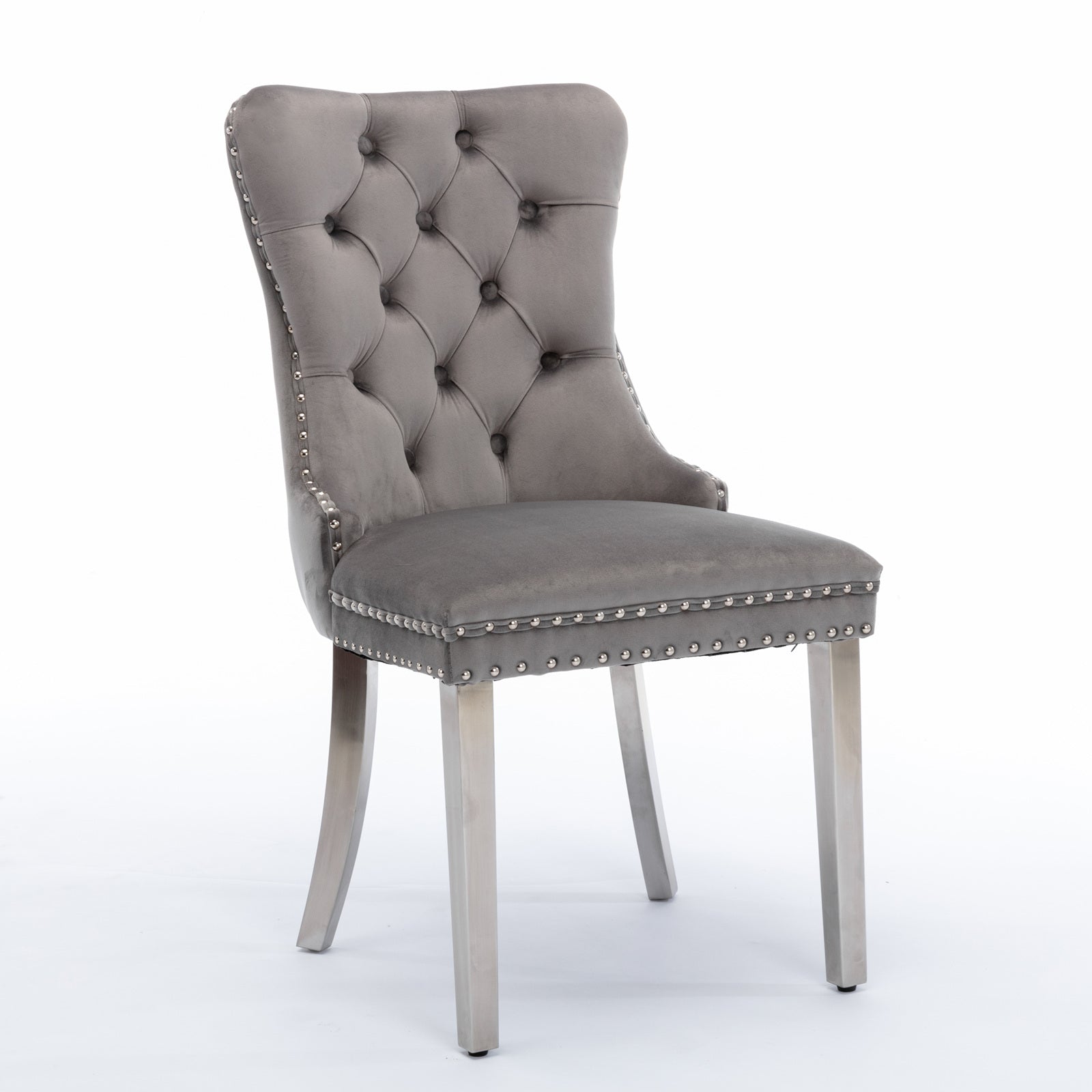 A&A Furniture,Nikki Collection Modern, High-end Tufted Solid Wood Contemporary Velvet Upholstered Dining Chair with Chrome Stainless Steel Plating Legs,Nailhead Trim,Set of 2,Gray and Chrome, SW1701GY image 3