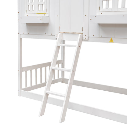 Twin over Twin House Bunk Bed with Roof, Window, Window Box, Door, with Safety Guardrails and Ladder,White image 9