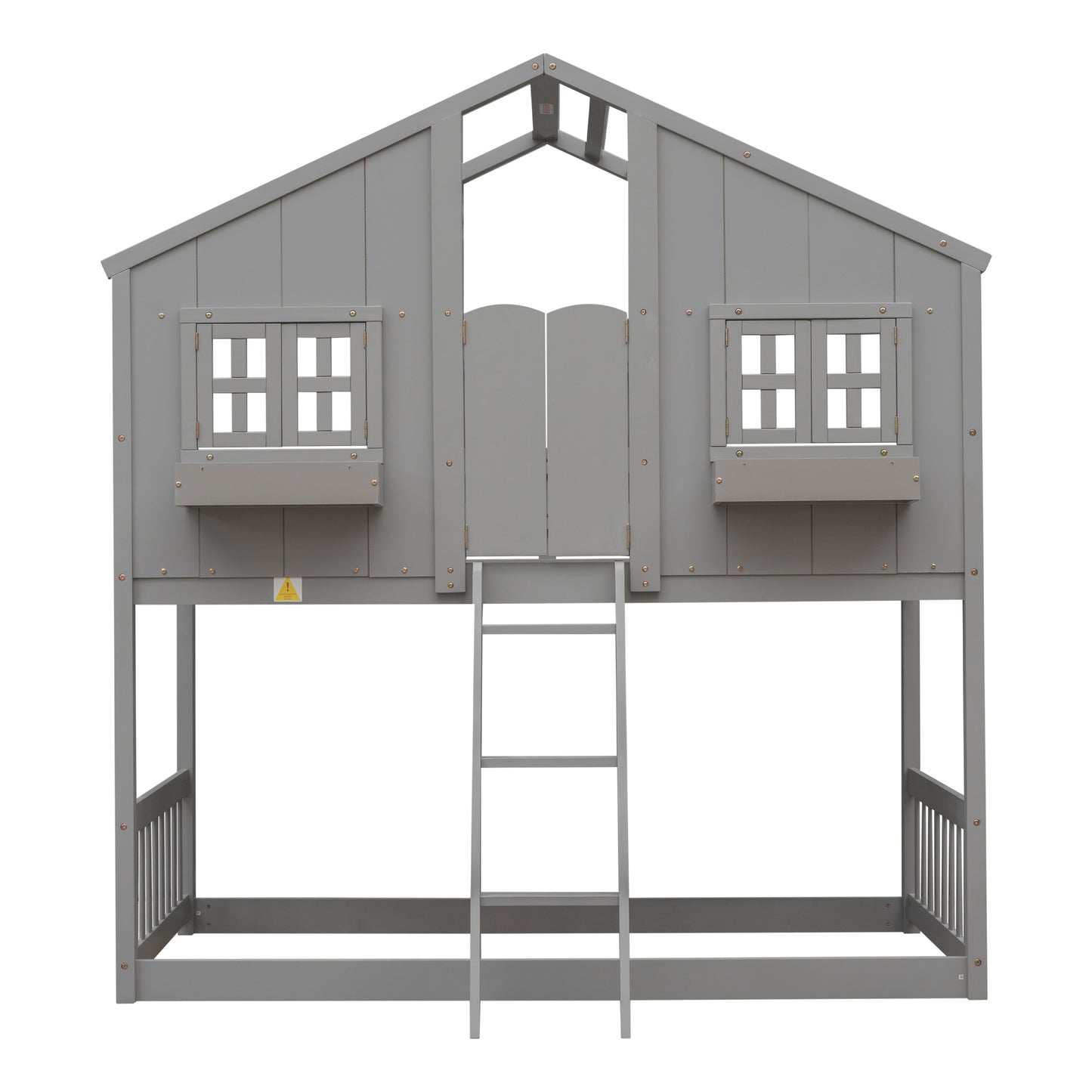 Twin over Twin House Bunk Bed with Roof, Window, Window Box, Door, with Safety Guardrails and Ladder, Grey image 2