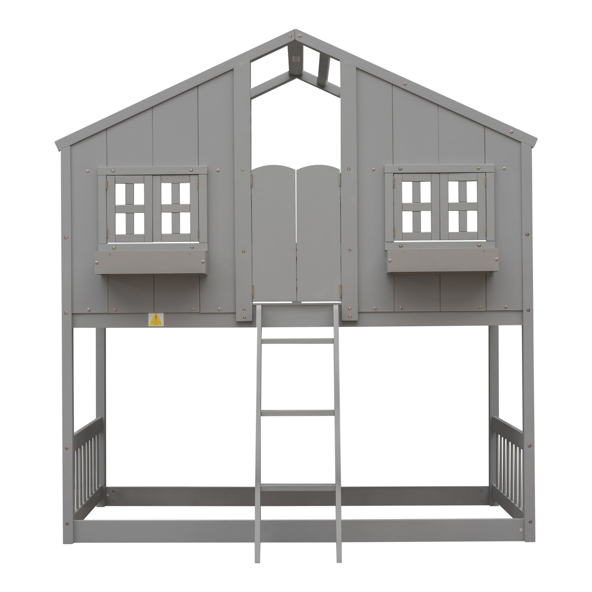 Twin over Twin House Bunk Bed with Roof, Window, Window Box, Door, with Safety Guardrails and Ladder, Grey image 2