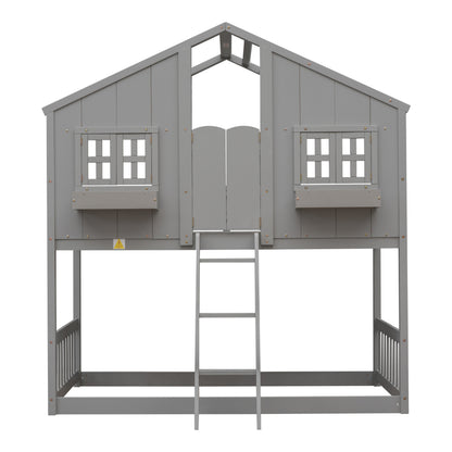 Twin over Twin House Bunk Bed with Roof, Window, Window Box, Door, with Safety Guardrails and Ladder, Grey image 2