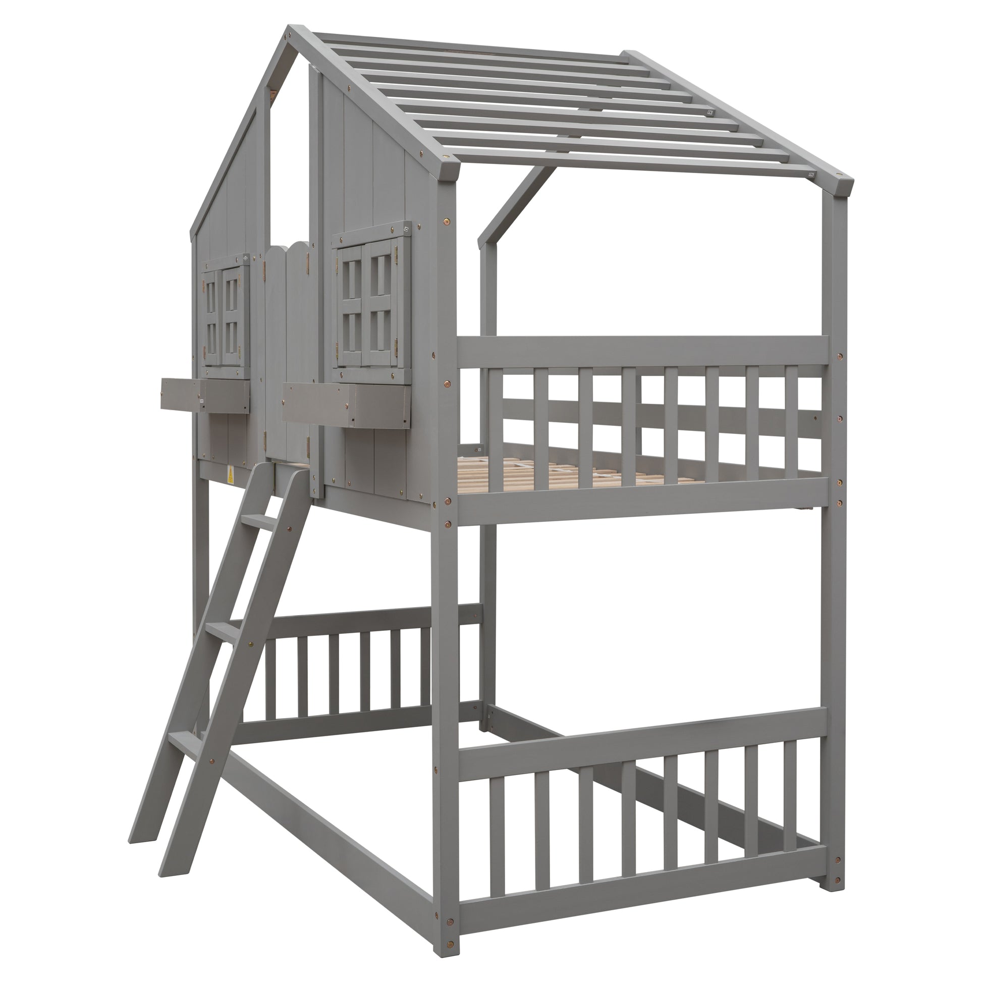 Twin over Twin House Bunk Bed with Roof, Window, Window Box, Door, with Safety Guardrails and Ladder, Grey image 9