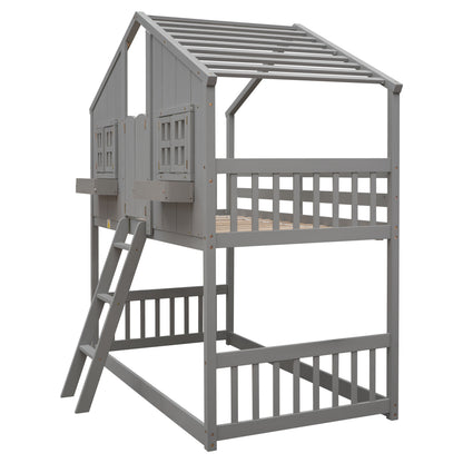 Twin over Twin House Bunk Bed with Roof, Window, Window Box, Door, with Safety Guardrails and Ladder, Grey image 9