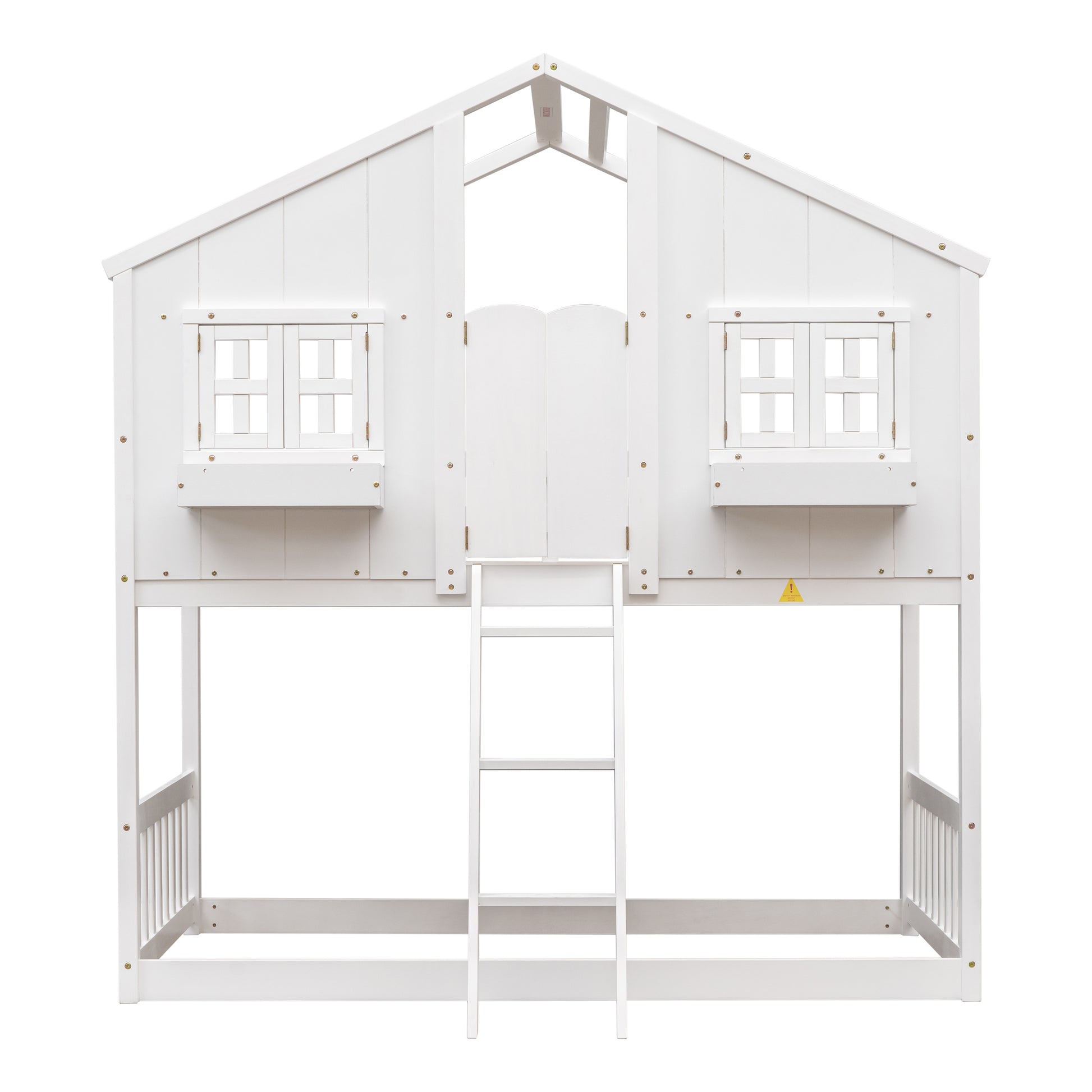 Twin over Twin House Bunk Bed with Roof, Window, Window Box, Door, with Safety Guardrails and Ladder,White image 4