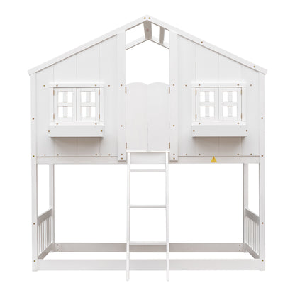 Twin over Twin House Bunk Bed with Roof, Window, Window Box, Door, with Safety Guardrails and Ladder,White image 4