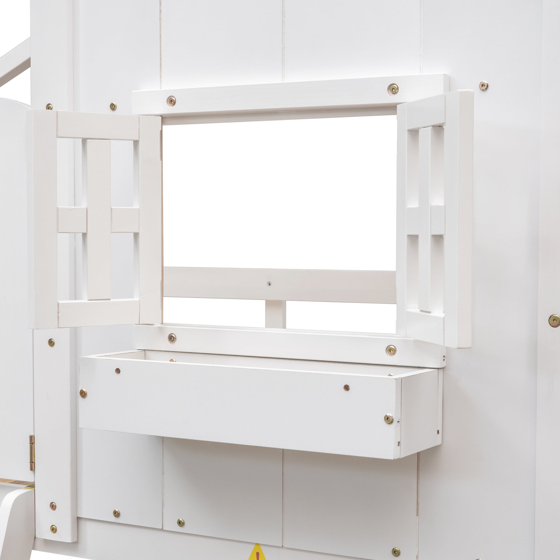 Twin over Twin House Bunk Bed with Roof, Window, Window Box, Door, with Safety Guardrails and Ladder,White image 12