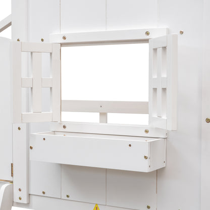 Twin over Twin House Bunk Bed with Roof, Window, Window Box, Door, with Safety Guardrails and Ladder,White image 12