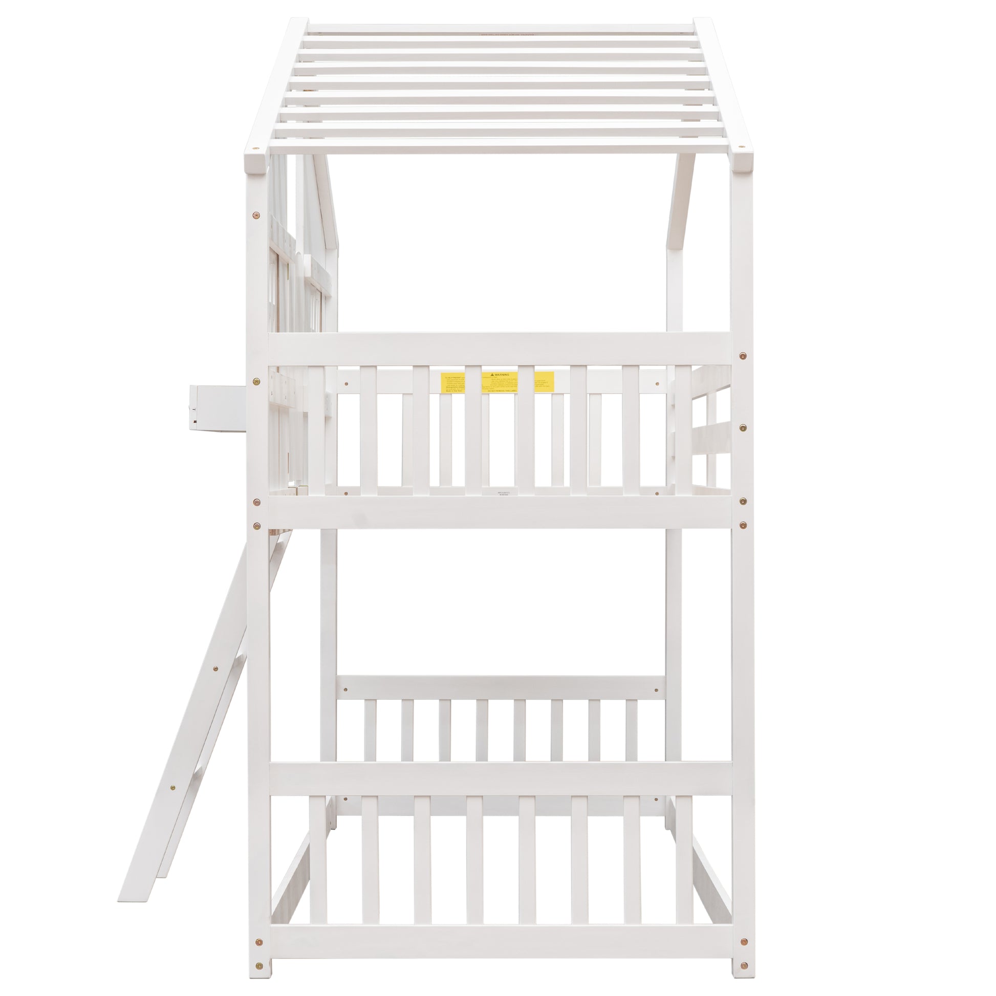 Twin over Twin House Bunk Bed with Roof, Window, Window Box, Door, with Safety Guardrails and Ladder,White image 2