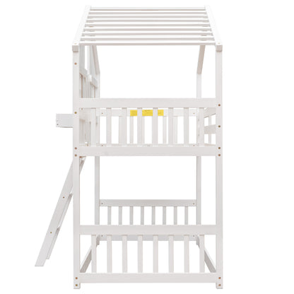 Twin over Twin House Bunk Bed with Roof, Window, Window Box, Door, with Safety Guardrails and Ladder,White image 2