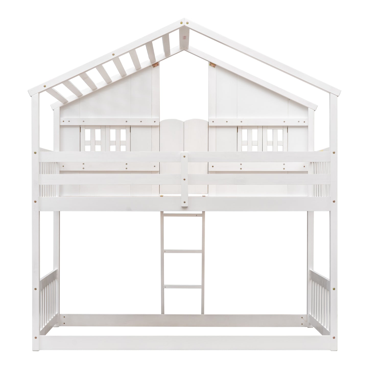 Twin over Twin House Bunk Bed with Roof, Window, Window Box, Door, with Safety Guardrails and Ladder,White image 3